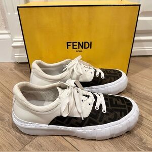 Fendi Brown FF Canvas and White Leather Sneakers